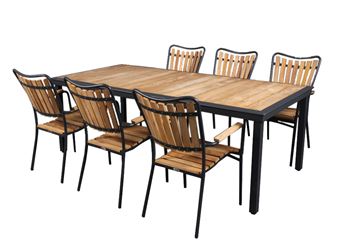Havemøbelsæt i Teak 219cm bord + 6 teak stole grå.